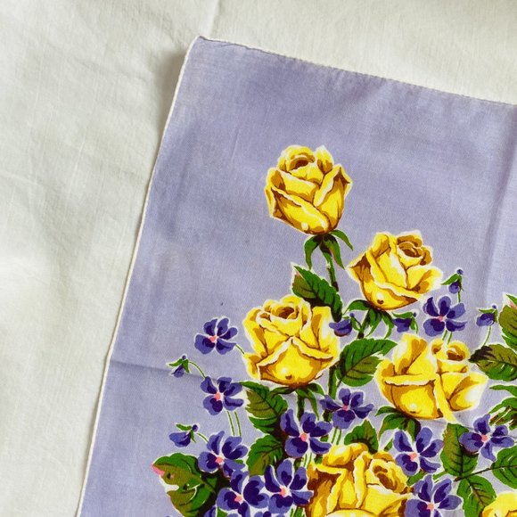 Vintage MCM Handkerchief Floral Bouquet Purple Violets Yellow Roses Rolled Edge - Picture 5 of 7